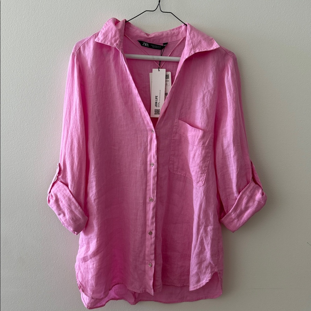 Zara Pink Linen Button-Up Shirt NWT Size M